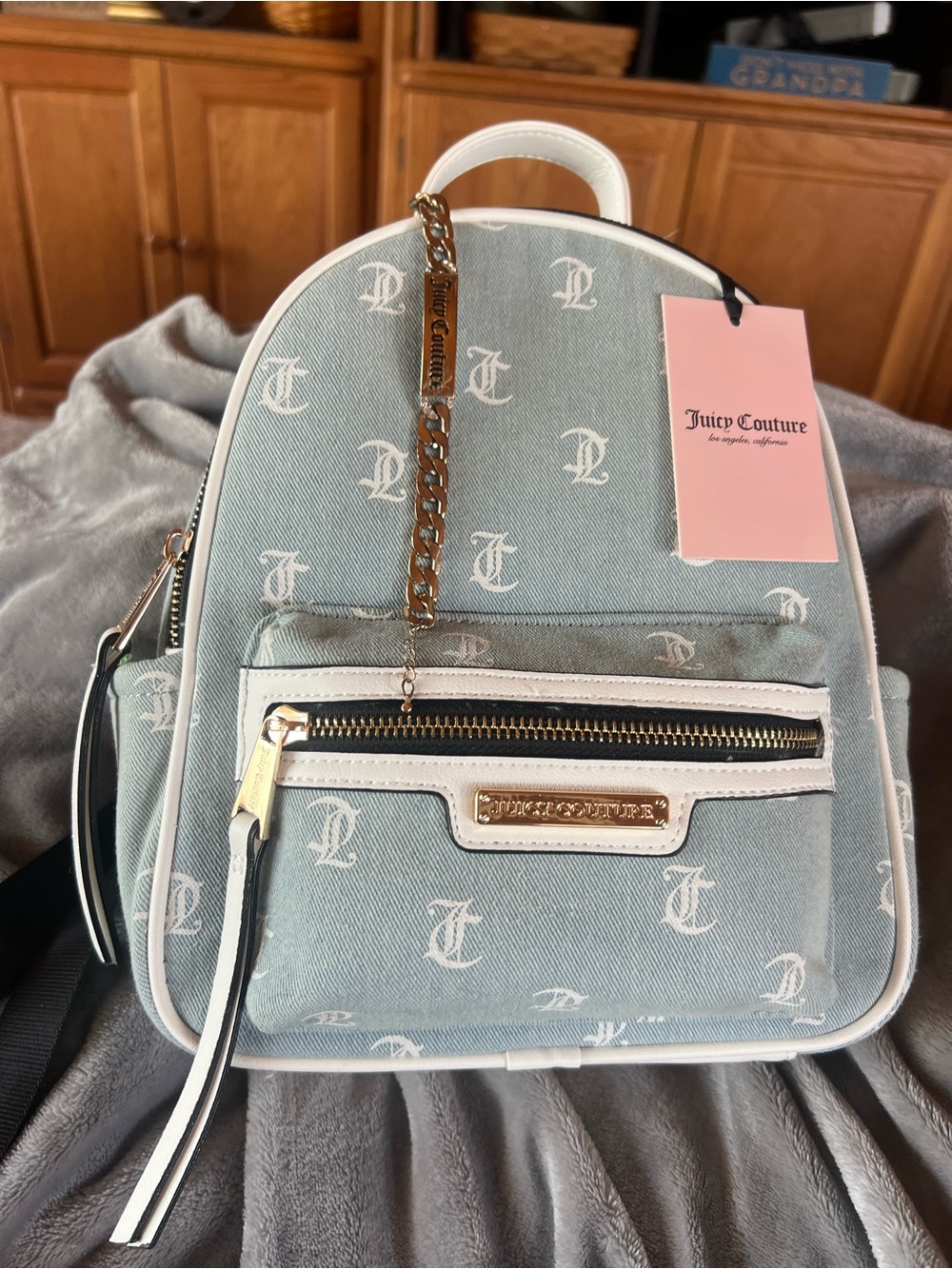 Juicy Couture New Gothic Denim/White Cloth Rosie Mini Backpack, good JC Bracelet